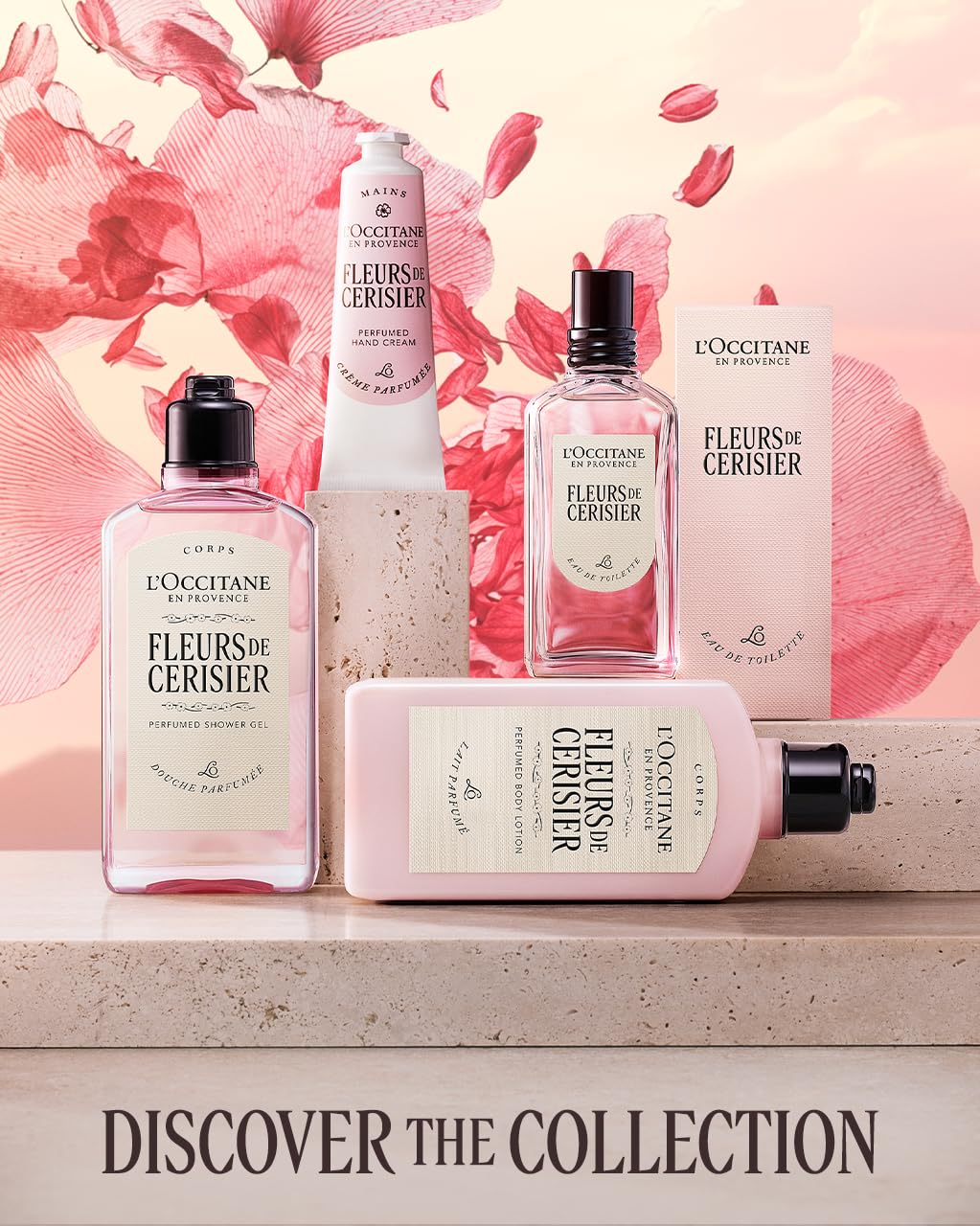 L'OCCITANE lifestyle shot on bathroom shelf with blossoms conveying fragrant, everyday indulgence
