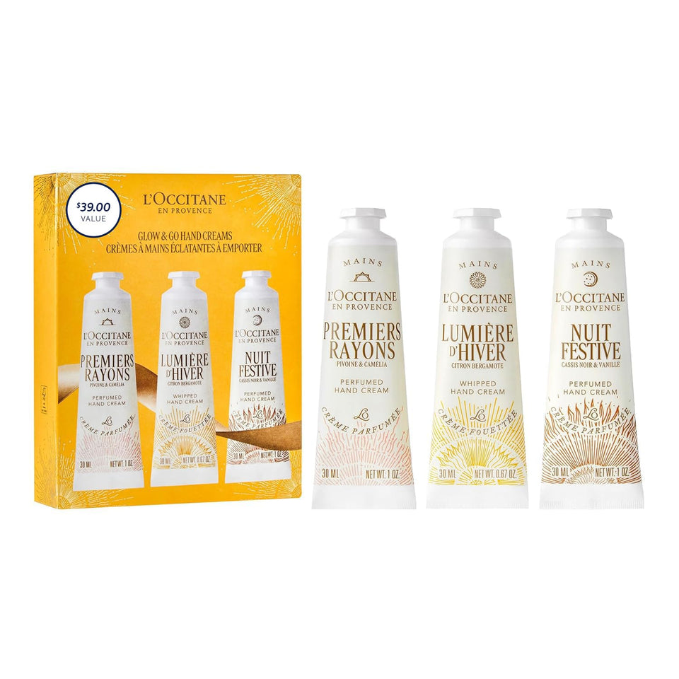 L'OCCITANE front packaging showing three tubes and festive gift appeal