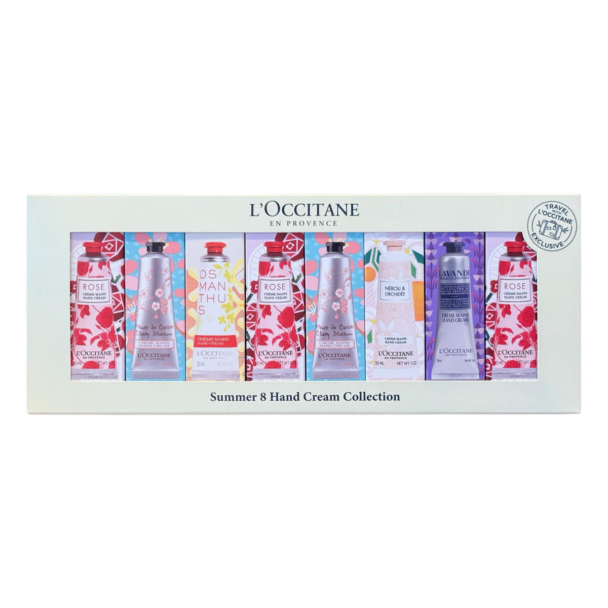 L'OCCITANE front view of eight-tube hand cream set showing variety and gifting appeal