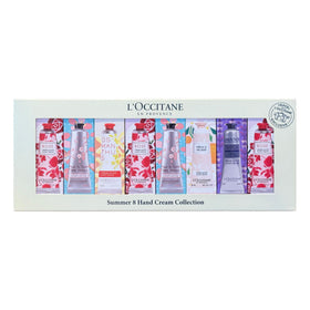L'OCCITANE front view of eight-tube hand cream set showing variety and gifting appeal