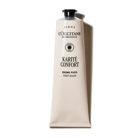 L'OCCITANE front tube of Karité Confort foot balm showing packaging and size benefit: quick identification