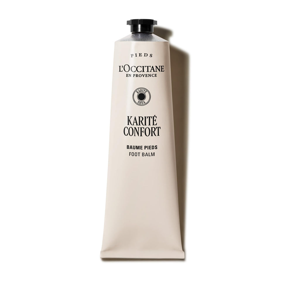 L'OCCITANE front tube of Karité Confort foot balm showing packaging and size benefit: quick identification