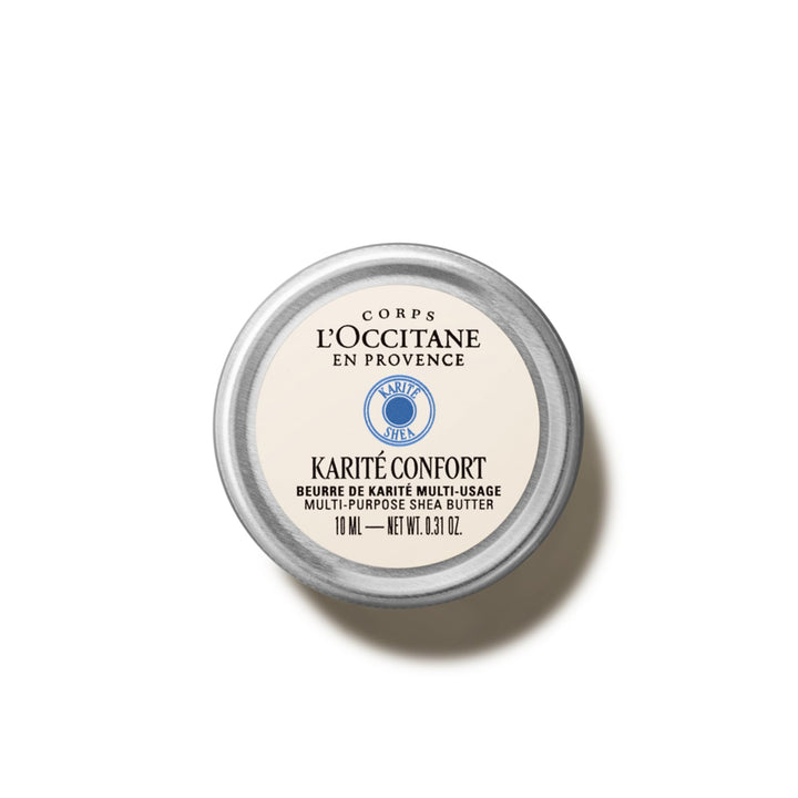 L'OCCITANE tin front view showing product branding and compact size benefits