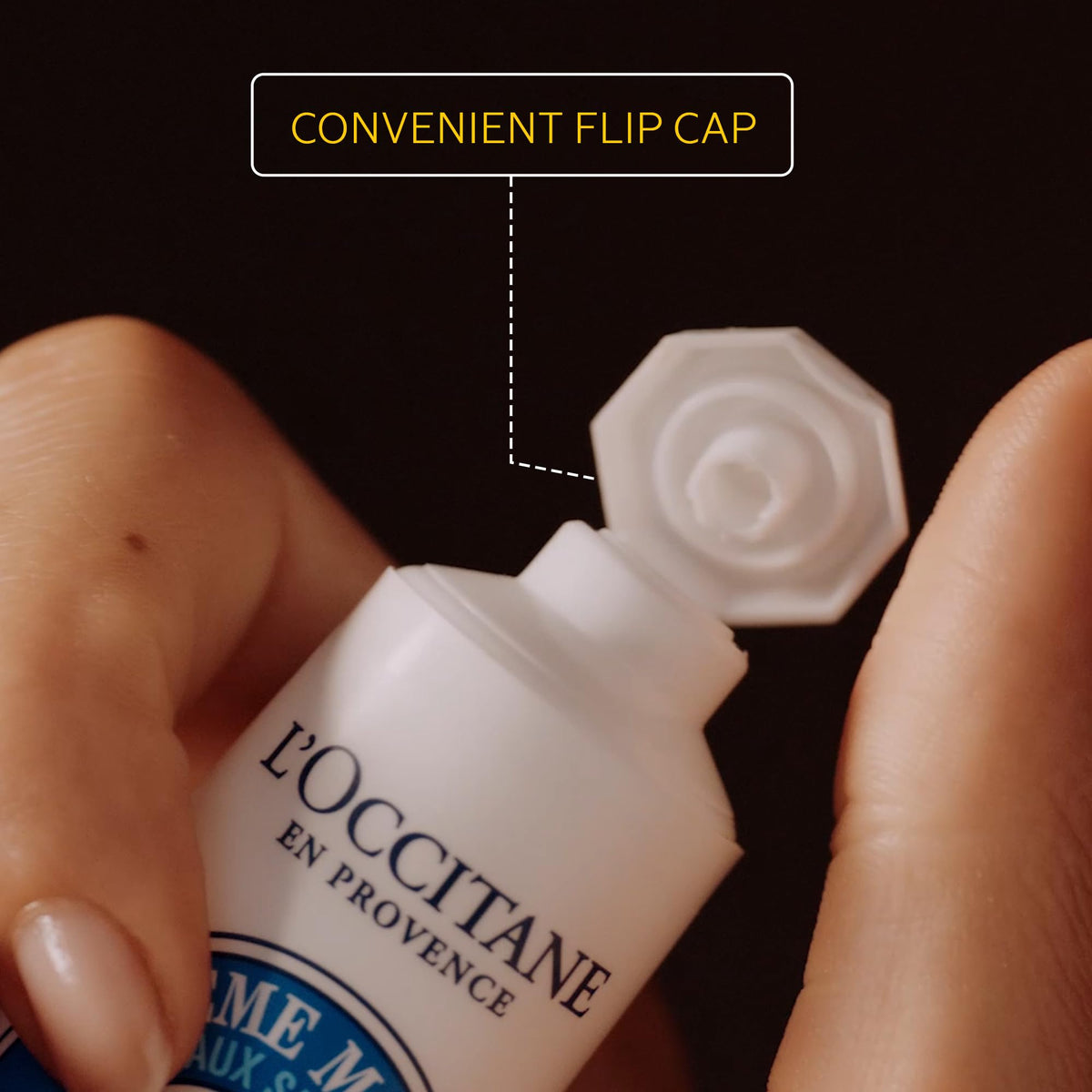 L'Occitane lavender tube with open cap revealing easy-dispense cream for soothing