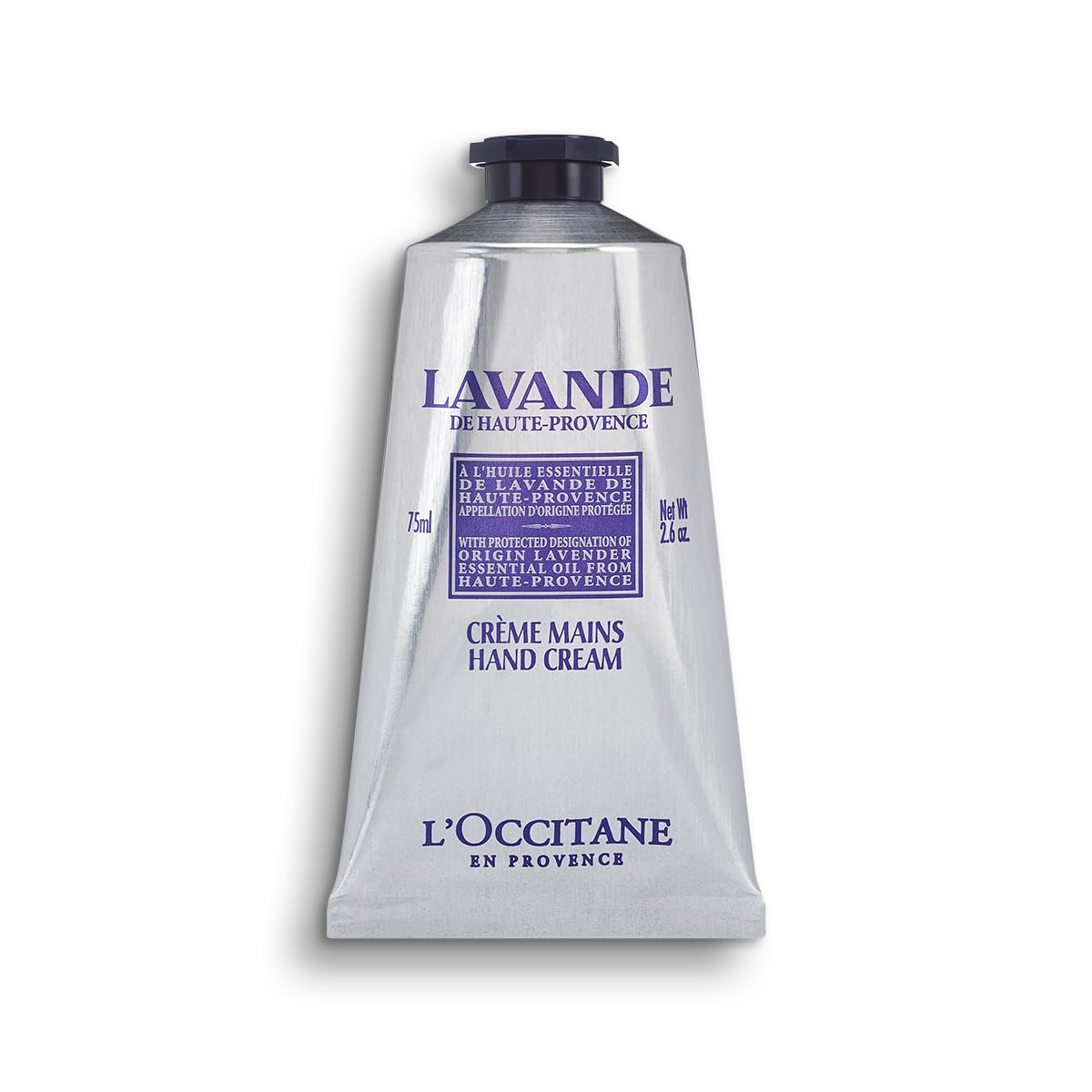 L'Occitane front tube showing lavender hand cream and portable size benefit