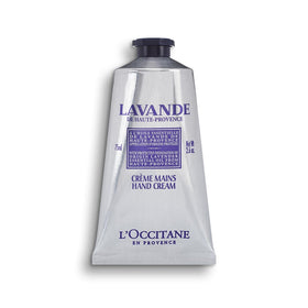 L'Occitane front tube showing lavender hand cream and portable size benefit