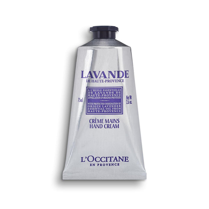 L'Occitane front tube showing lavender hand cream and portable size benefit
