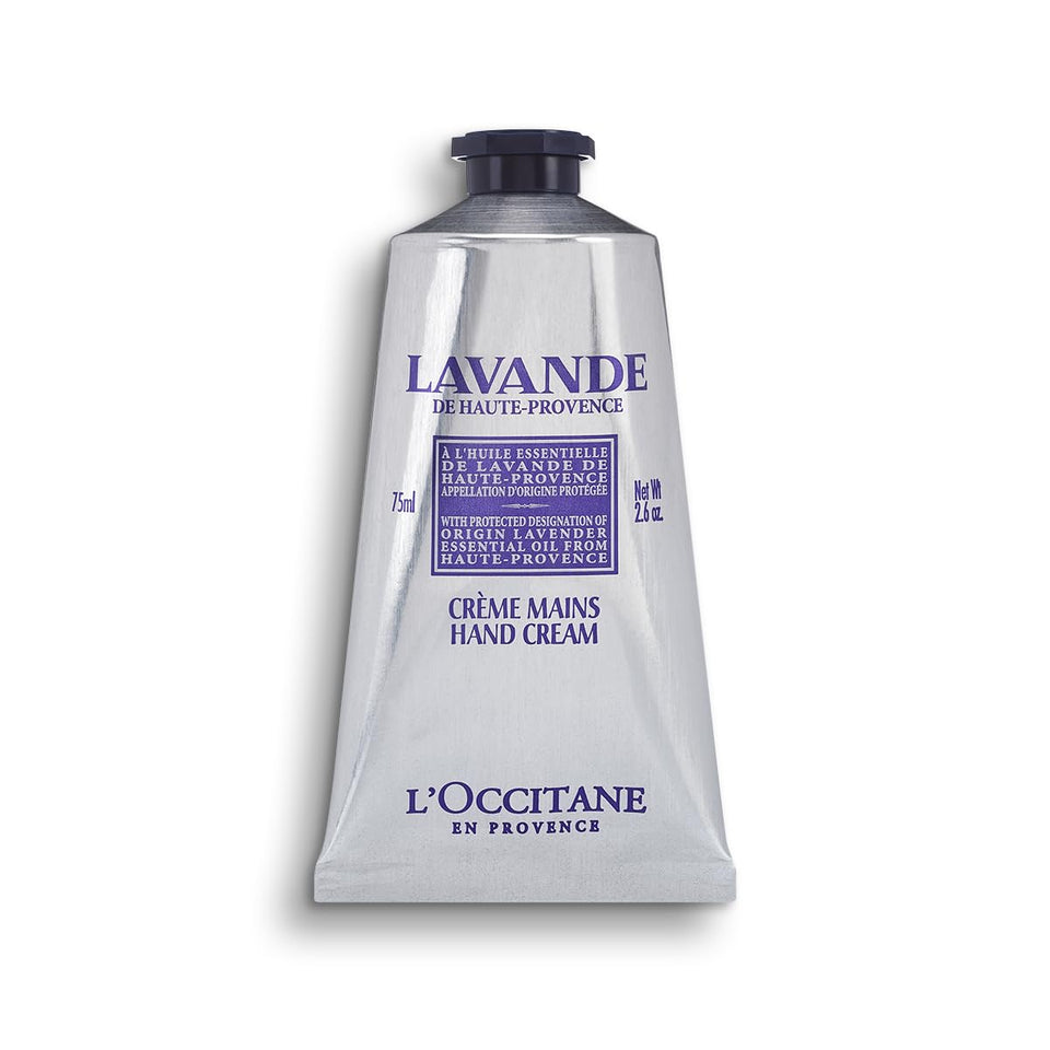 L'Occitane front tube showing lavender hand cream and portable size benefit