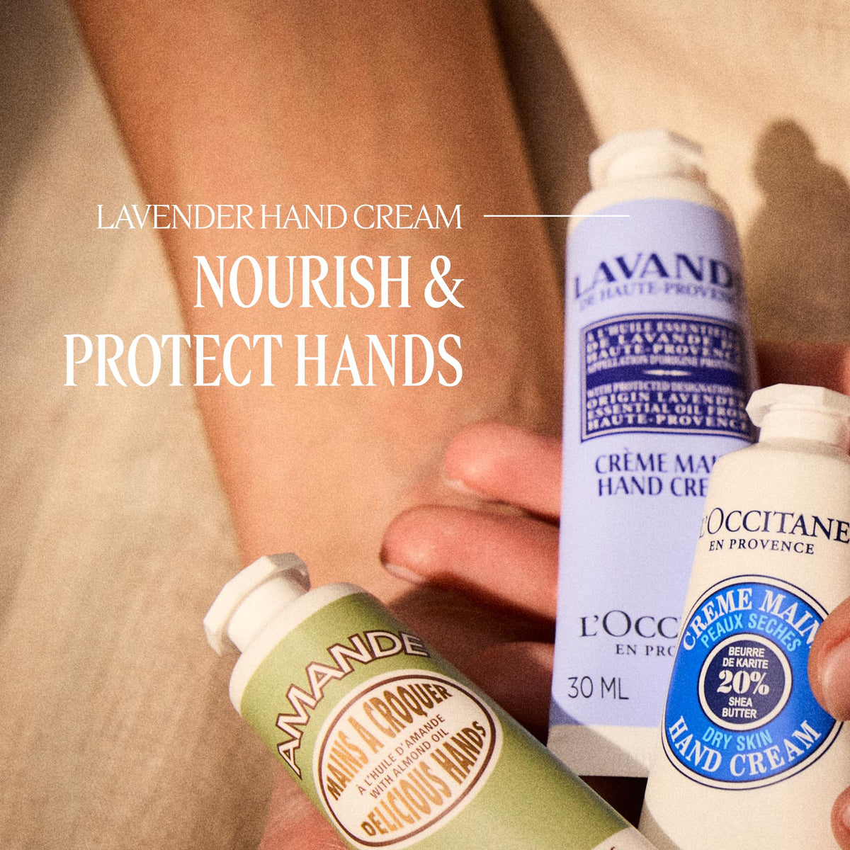 L'OCCITANE tube next to a coin showing 1.0 fl oz portable size advantage