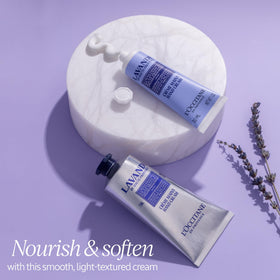 L'Occitane cream dollop texture showing smooth, fast-absorbing formula benefit