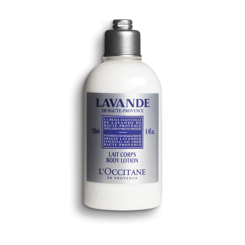 L'OCCITANE front packaging of lavender lotion showing size and calming scent