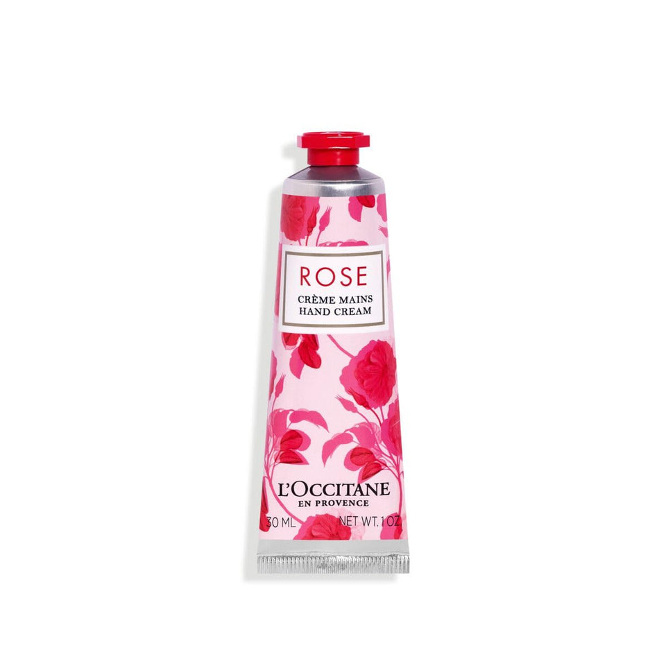 L'Occitane Rose Hand Cream front tube displaying size and rose branding for easy travel