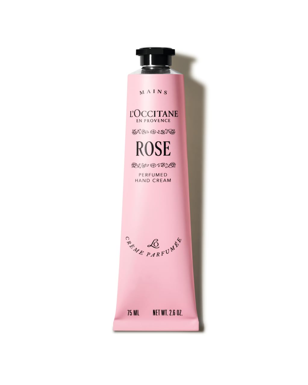 L'OCCITANE front view of rose hand cream tube, travel-ready hydration