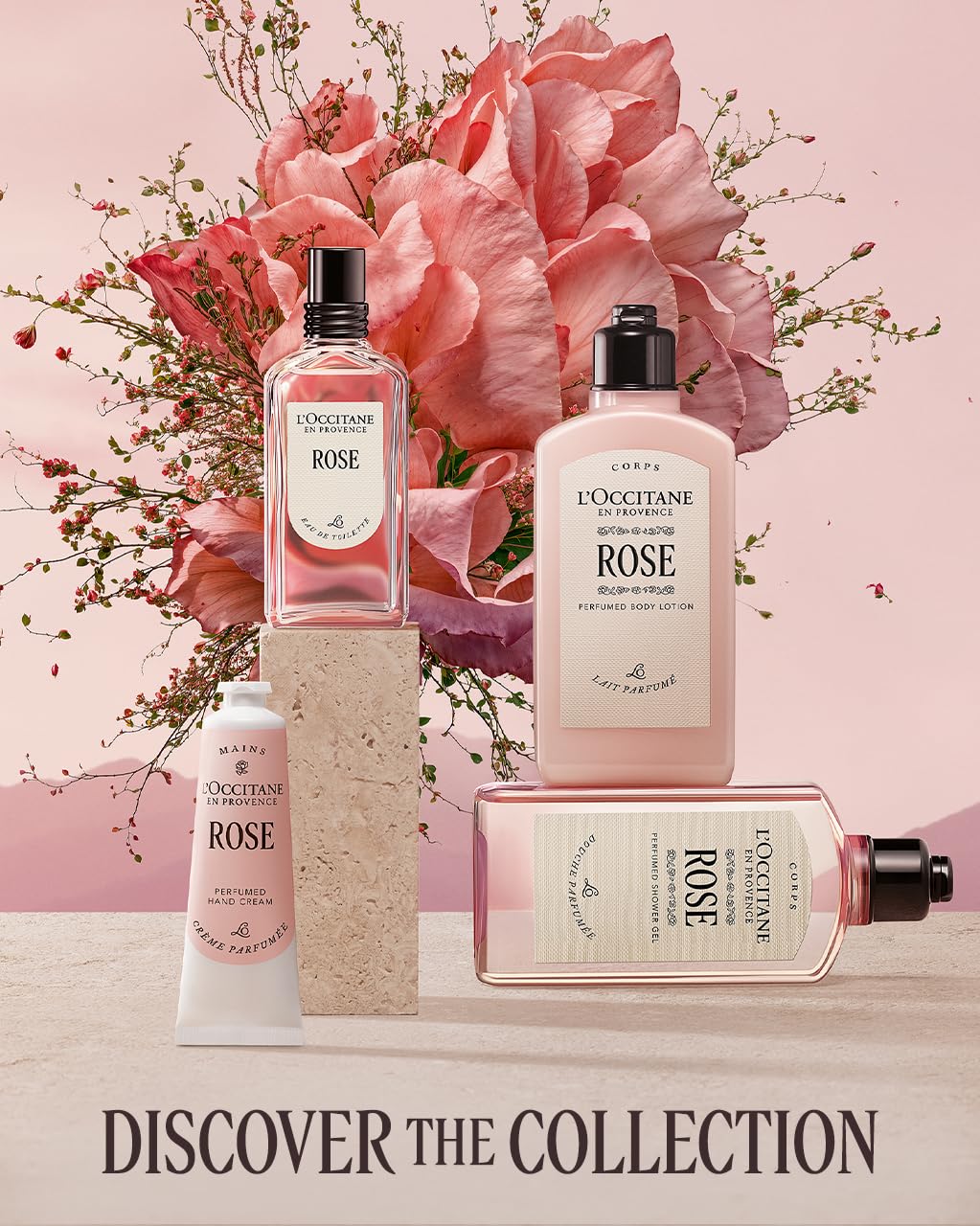 L'OCCITANE Rose Hand Cream on bathroom shelf with rose decor, suggests daily ritual