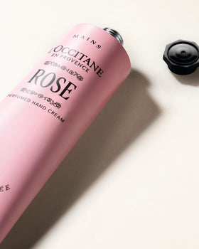 L'OCCITANE Rose Hand Cream open cap with cream on rim, highlights easy dispensing