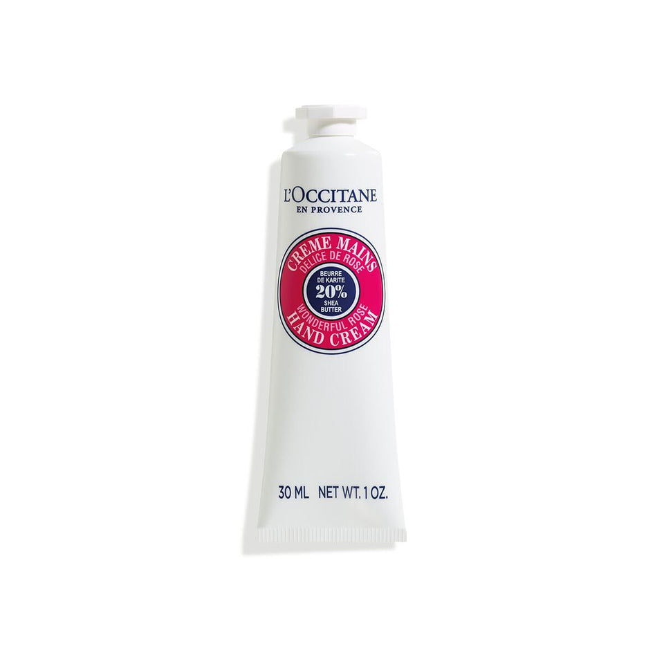 L'Occitane front view of rose heart tube showing portable design and nourishing benefits