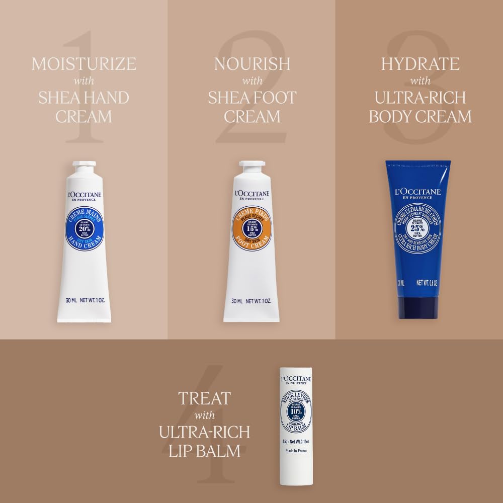 L'OCCITANE set next to hand for scale showing product sizes and travel-friendly benefit