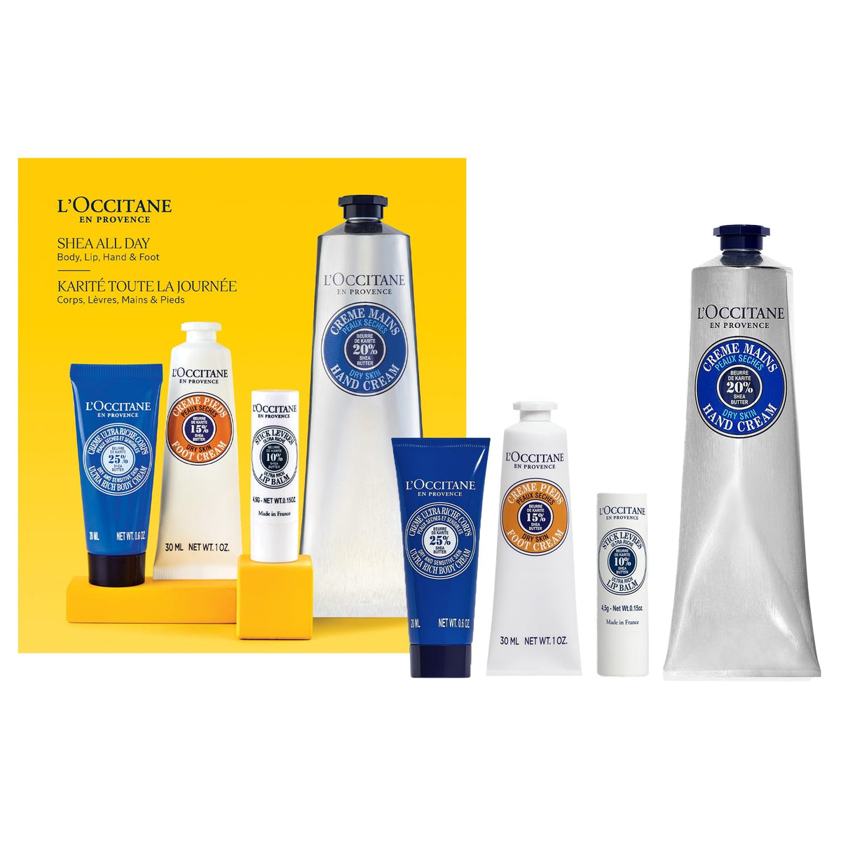 L'OCCITANE shea set packaging front showing complete gift set and presentation benefit