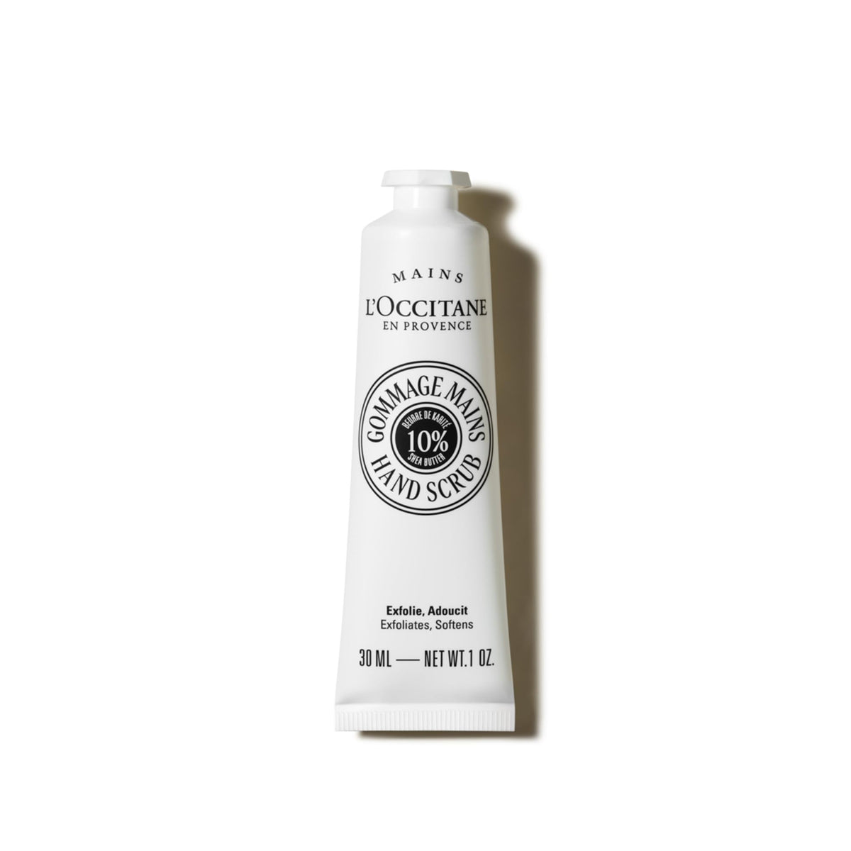 L'Occitane shea hand scrub front packaging showing compact travel tube and brand clarity