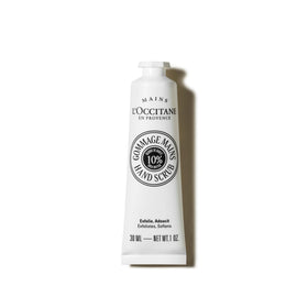 L'Occitane shea hand scrub front packaging showing compact travel tube and brand clarity