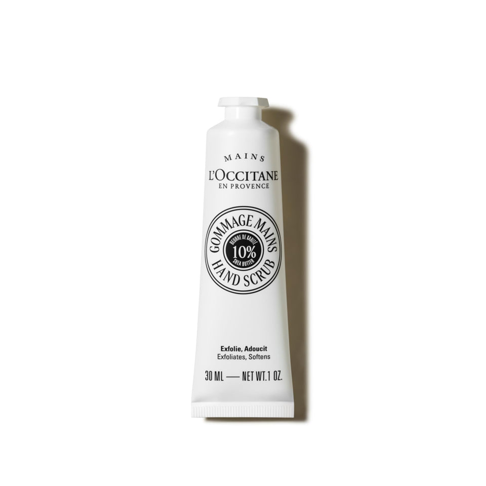 L'Occitane shea hand scrub front packaging showing compact travel tube and brand clarity