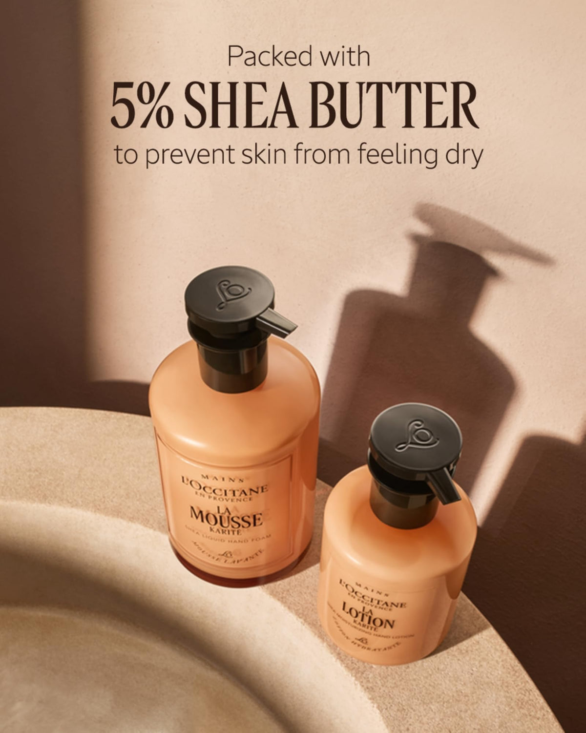 L'Occitane next to common items showing 10.10 fl oz size for portability