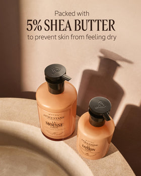 L'Occitane next to common items showing 10.10 fl oz size for portability