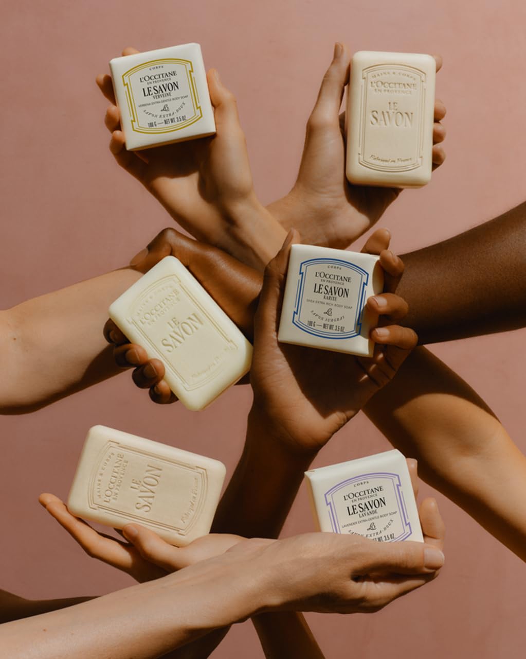 L'OCCITANE label detail on soap emphasizing shea extract and sensitive-skin benefit