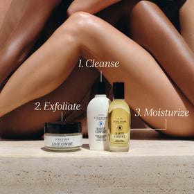 L'OCCITANE bottle in hand for scale showing portable shower benefit