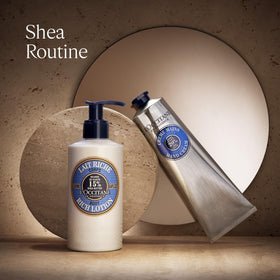 L'Occitane bottle in hand for scale, shows portable 8.4 fl oz benefit