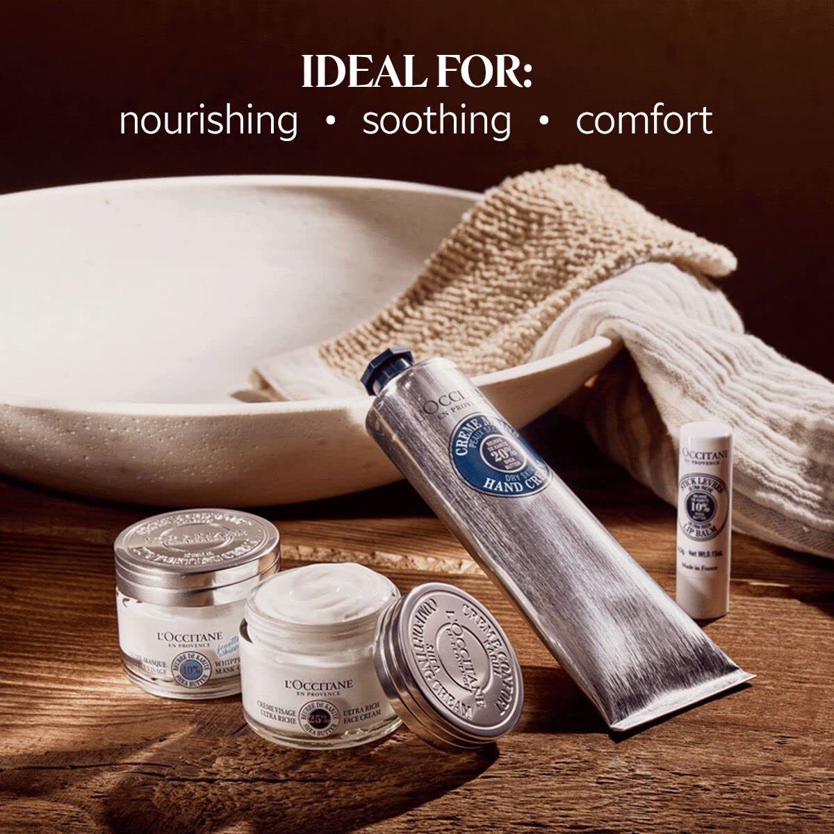 L'OCCITANE jar on winter shelf styled to show protection benefit