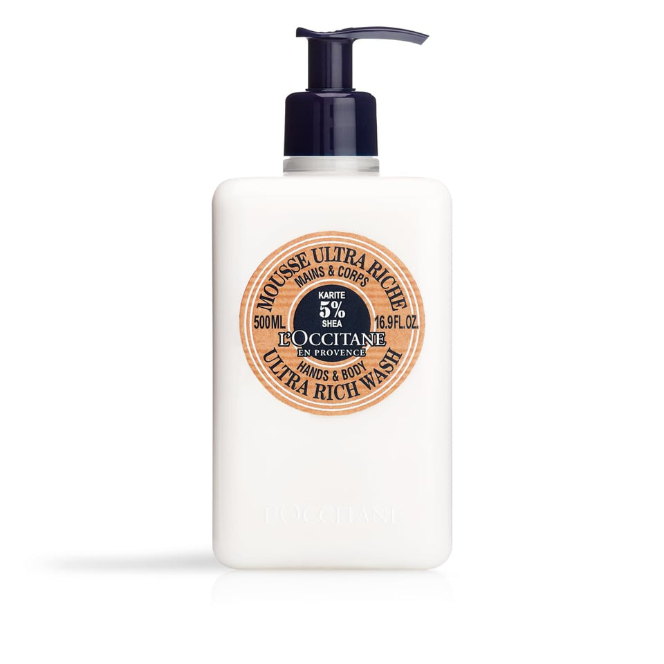 L'Occitane shea wash front bottle showing size and label for easy identification and gift giving