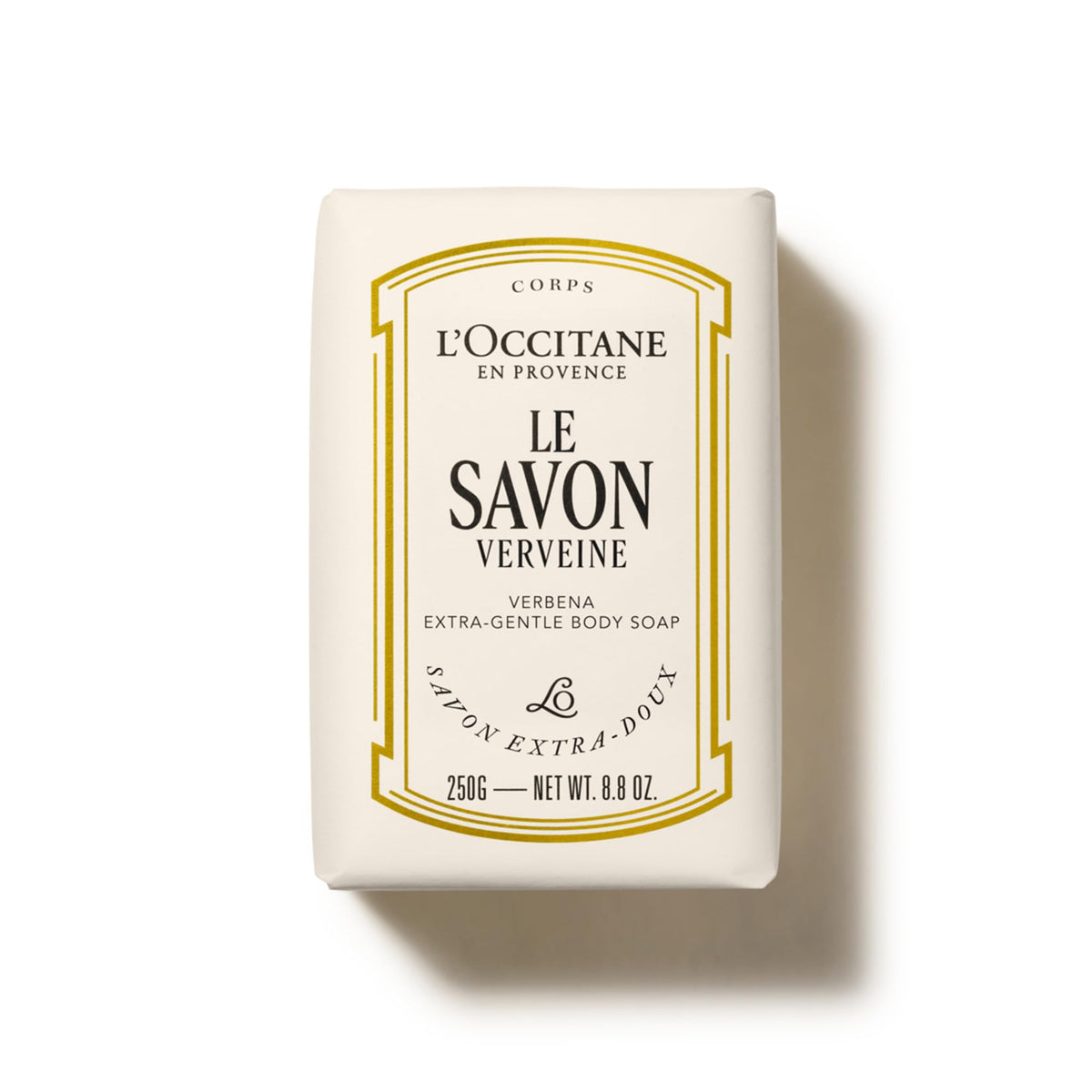 L'OCCITANE front view of Shea Verbena soap bar shows packaging and softening benefit