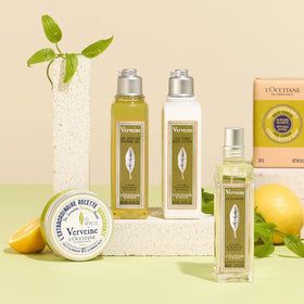 L'Occitane verbena refill in stylish bathroom lifestyle setting showing refreshing scent benefit
