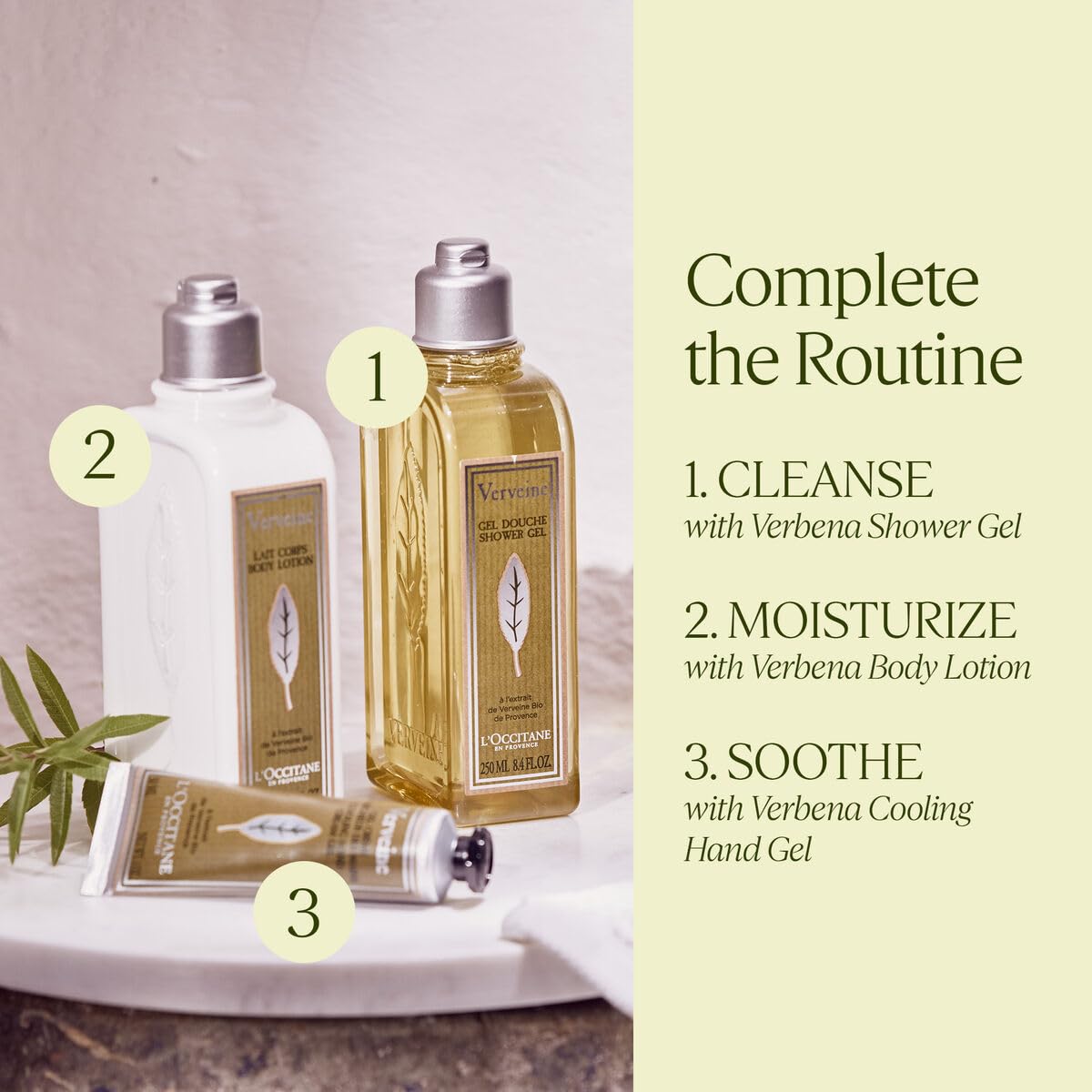 L'OCCITANE bottle staged in bathroom to convey refreshing morning ritual