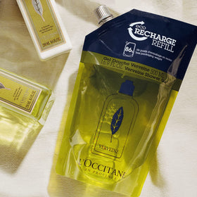 L'Occitane verbena gel texture close-up showing clear gel and gentle cleansing benefit