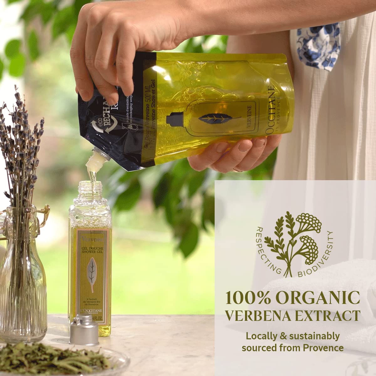 L'Occitane verbena rich foam on hand showing creamy lathering and rinsing benefit