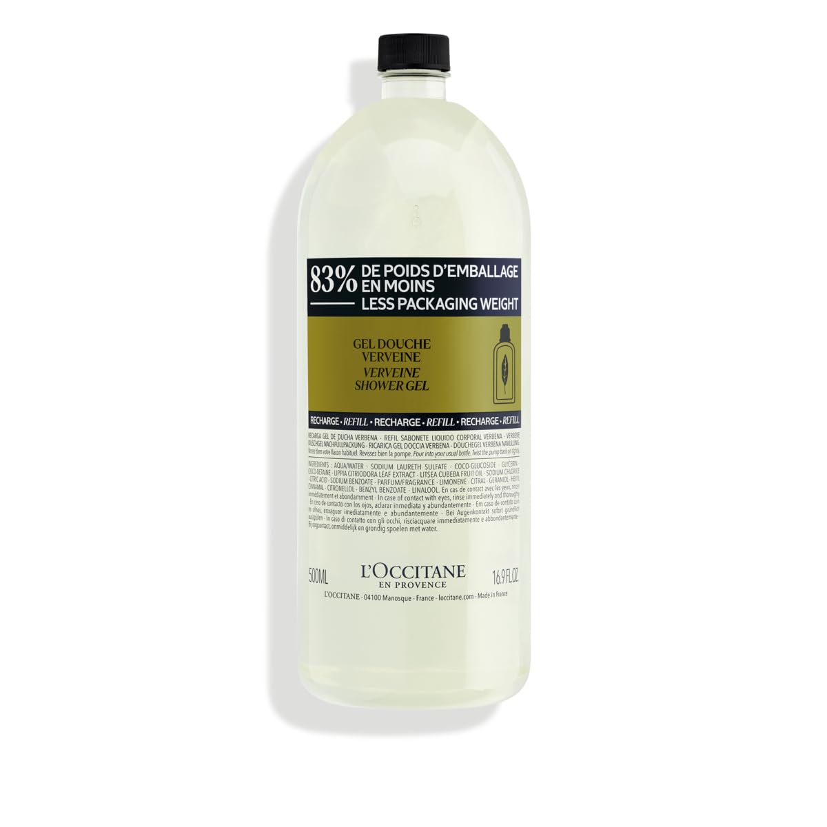L'Occitane verbena refill front packaging showing size and eco-friendly pouch benefit