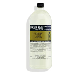 L'Occitane verbena refill front packaging showing size and eco-friendly pouch benefit