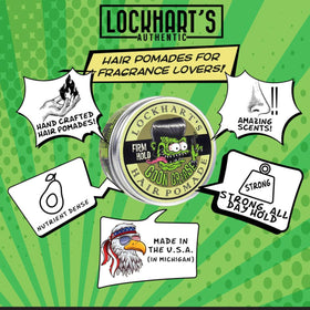 Model wearing a glossy pompadour styled with Lockhart's Goon Grease demonstrating high shine