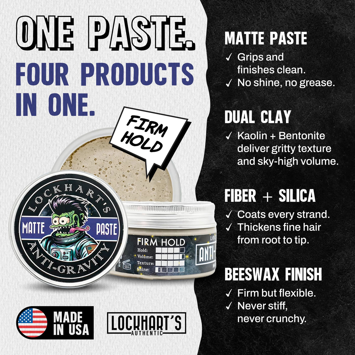 Lockhart's open jar revealing gritty paste texture for strong hold