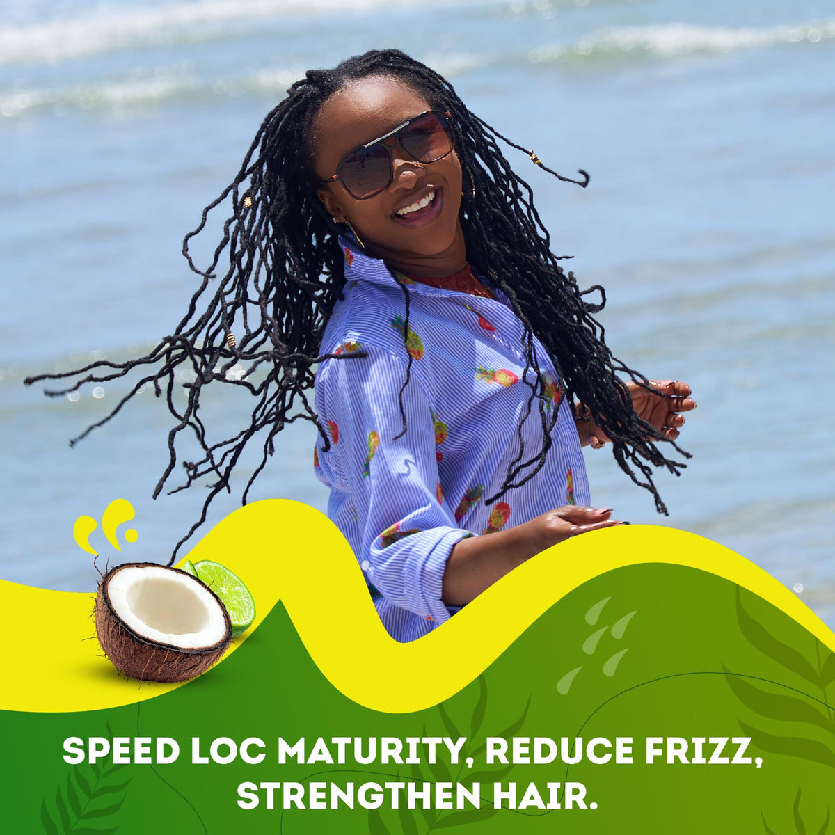 Locsanity lifestyle shot on beach props conveying refreshing citrus-coconut scent