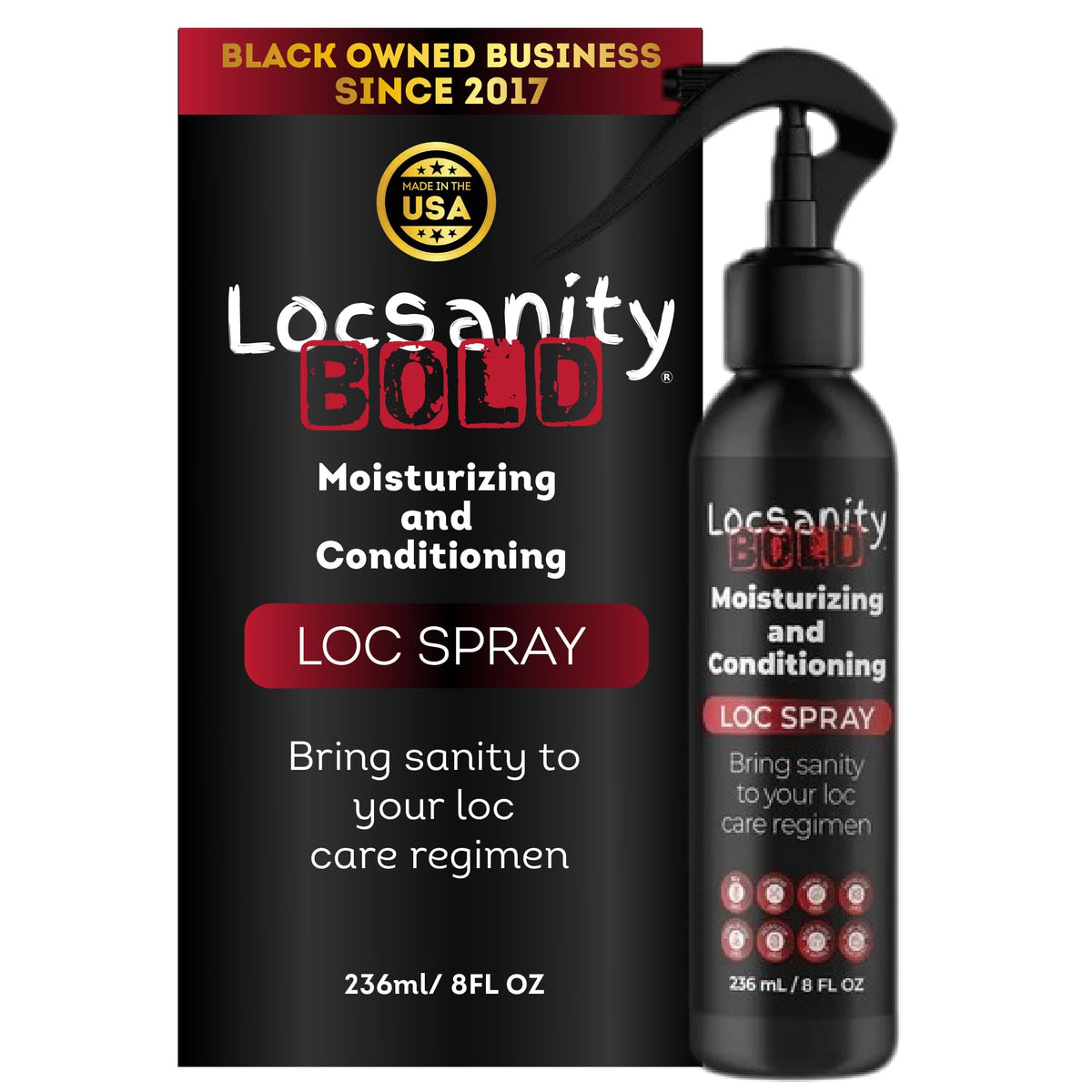Locsanity BOLD front packaging showing bottle and label benefits