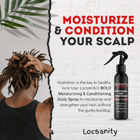 Hand holding Locsanity BOLD 8 fl oz bottle showing travel-ready size benefit