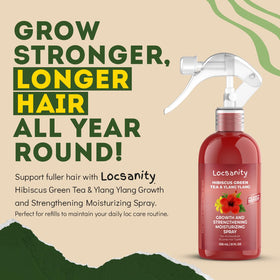 Locsanity bottle next to hand for scale, highlights convenient 8 fl oz travel benefit