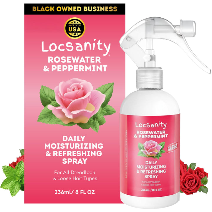 Locsanity front bottle showing clean packaging and easy-spray nozzle benefit convenience