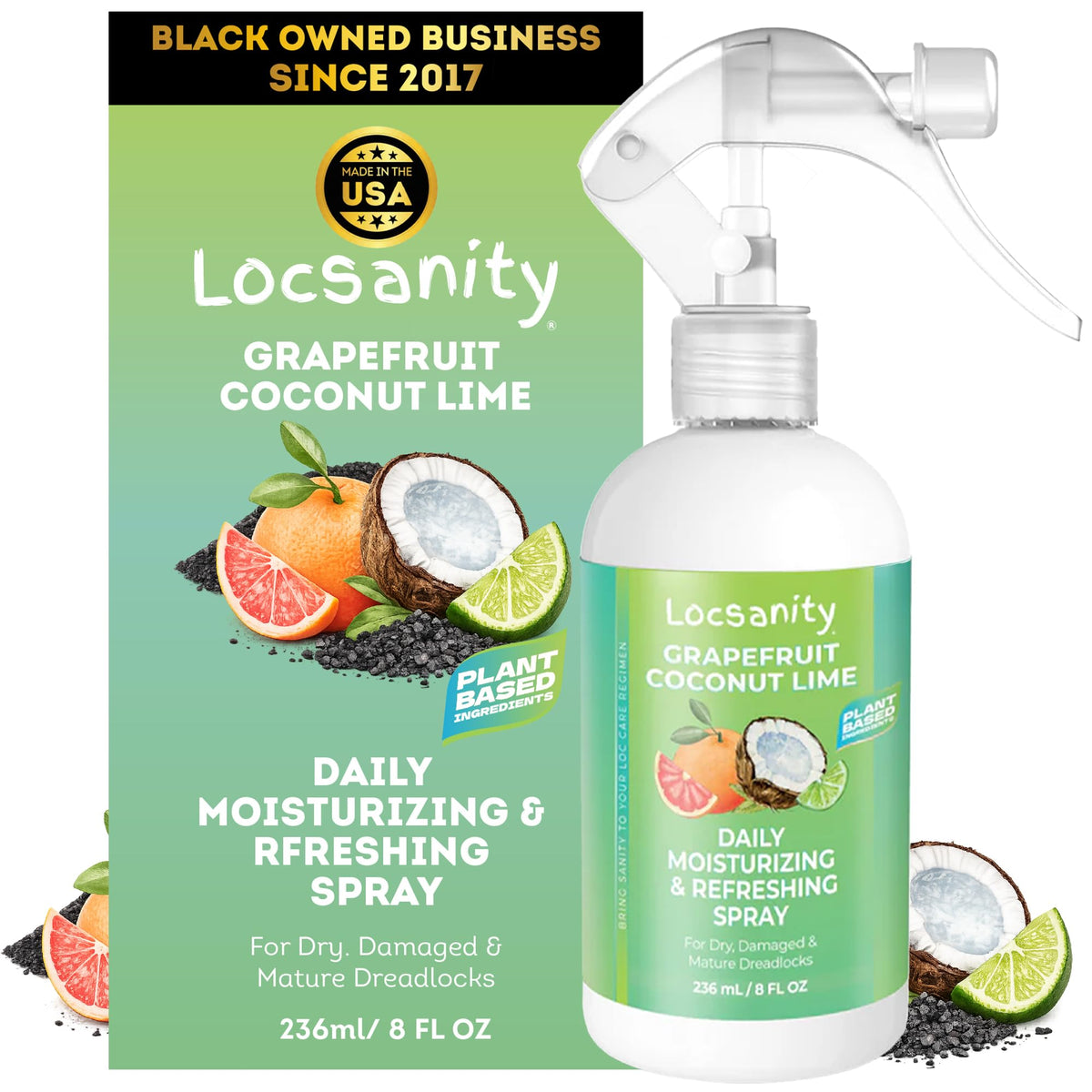 Locsanity front packaging bottle showing product label and size benefit