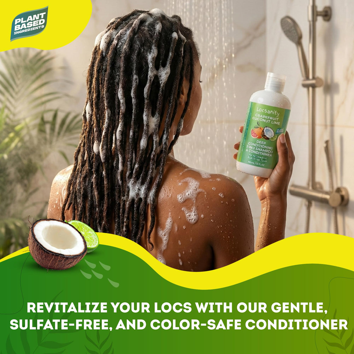 Locsanity in-shower application on wet locs demonstrating easy one-step cleansing and conditioning