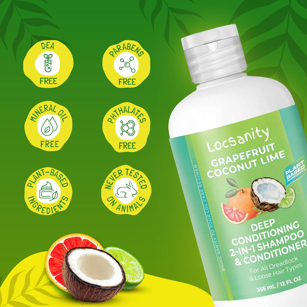 Locsanity ingredient arrangement with coconut, lime, grapefruit illustrating natural nourishment