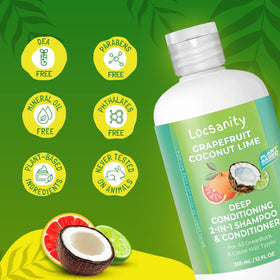 Locsanity ingredient arrangement with coconut, lime, grapefruit illustrating natural nourishment
